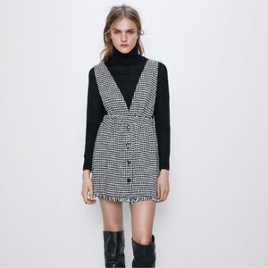 Zara Tweed Button Front Pinafore Mini Dress Sleeveless Blue Black White Sz Small
